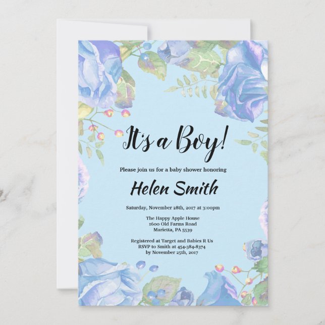 É um convite de chá de bebê floral azul para menin (Frente)