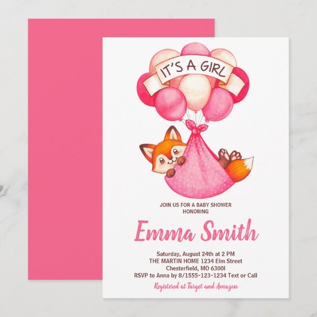 É um Convite de Chá de Bebê Raposa Aquarela Menina (Frente/Verso)