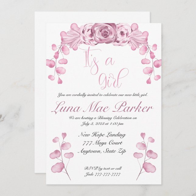 É um convite de menina para bênção ou dedicação (Frente/Verso)