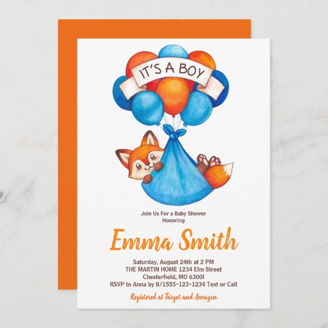 É um Convite para Chá de fraldas de Rapazes Fox Wa (Frente/Verso)