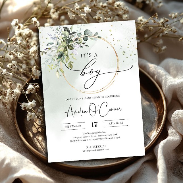 É um convite para Chás de fraldas Greenery Boho (It's A Boy Baby Shower Invitation Greenery and gold wreath)