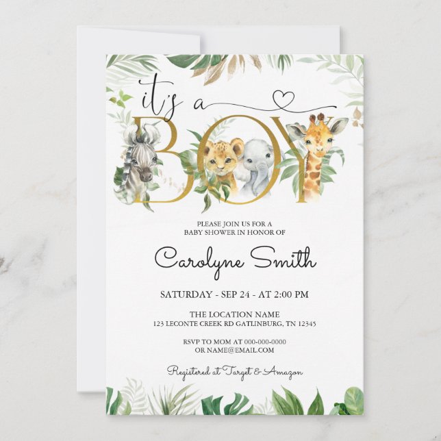 É um convite para Chás de fraldas Safari (Frente)