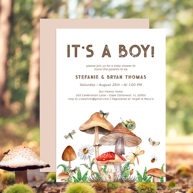 É um convite para Chás de fraldas | Whimsical Mush (It's A Boy Mushroom Baby Shower Invite)