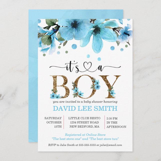 É um menino Aquarela azul claro e dourado (Frente/Verso)