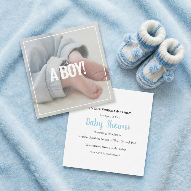 É um menino, sua própria foto, chá de fraldas. (Its a boy, your own photo, baby shower card.)