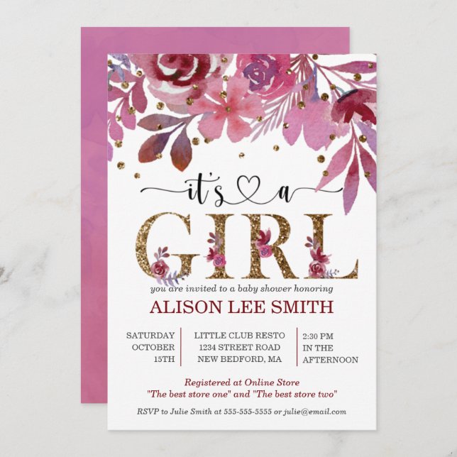 É uma garota Lila e um Dourado Chá de fraldas Conf (Frente/Verso)