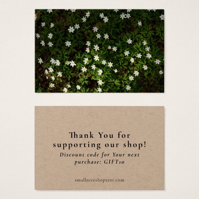Earthy green shop thank you card with discount (Frente & Verso)