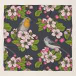 Echarpe Aves e Blossomas em preto<br><div class="desc">Flor de maçã pintada à mão e aves.</div>