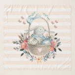 Echarpe Coelhinho bonito em uma cesta com ovos e flores Bo<br><div class="desc">Um cachecol de chiffon bonito. Pêssego e padrão listrado branco. Uma ilustração digital feita com aquarelas. Um coelho encantador vestindo um vestido azul sentado em uma cesta cercada por seus ovos. Borboletas à volta da cesta que é decorada com um buquê de flores de rico.</div>