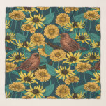 Echarpe Crenças e flores em azul escuro<br><div class="desc">Padrão de vetor pintado à mão com aves vivas,  zinnias e flores rudbeckia</div>