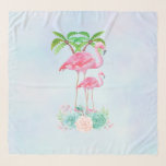 Echarpe Flamingo, Rosa, Mamãe e Bebê, com Palmeiras<br><div class="desc">Um cachecol de chiffon com ilustração de um flamingo cor-de-rosa mãozinho e bebê parado em um leito de flores florais suculentas com palmeiras verdes balançando nas costas. Tropical e bonito. O fundo é uma aquarela azul-claro de verão com pistas de púrpura.</div>