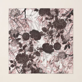 Echarpe Preto & Branco Rosa Marrom Floral Céu de Inverno