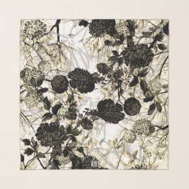 Echarpe Preto e Branco Bronze Amarelo Dourado Floral do Cé