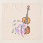Echarpe Violino, Calçados Balés, Flores e Borboletas<br><div class="desc">Um cachecol quadrado com uma design feminina macia. Ilustrada com uma imagem de aquarela de um violino de madeira,  alguns balés cor-de-rosa descansando contra ele e decorados com flores e borboletas. Colocado sobre um fundo cor-de-rosa cor de pêssego.</div>