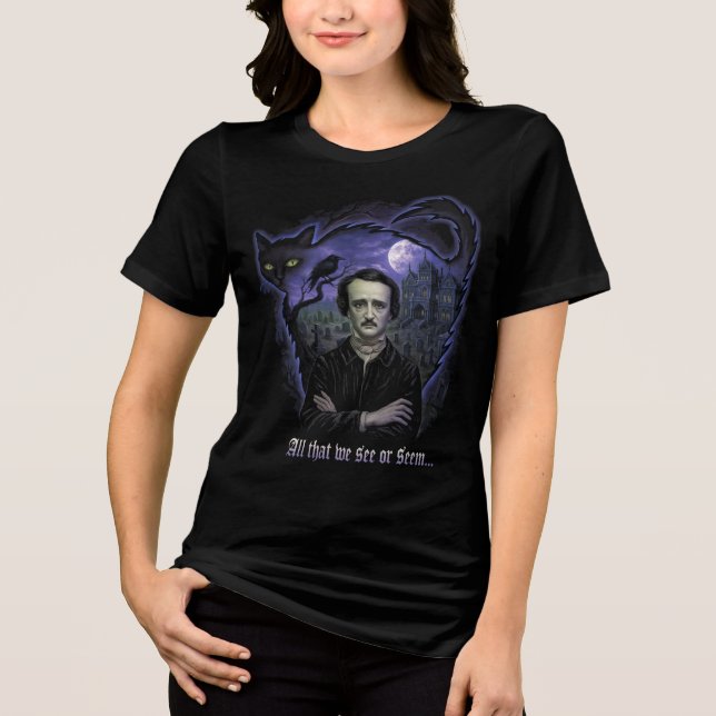 Edgar Allan Poe Gothic Womens Tee - Raven & Cat (Frente)