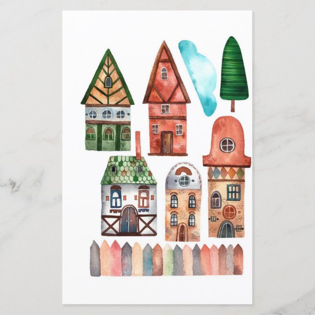 Edifícios aquarela árvores para recortar e colar (Frente)