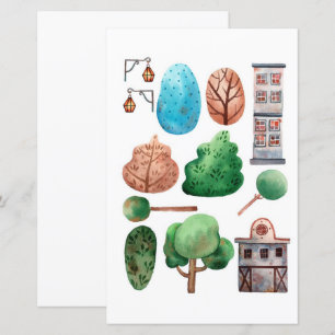Edifícios aquarela árvores para recortar e colar