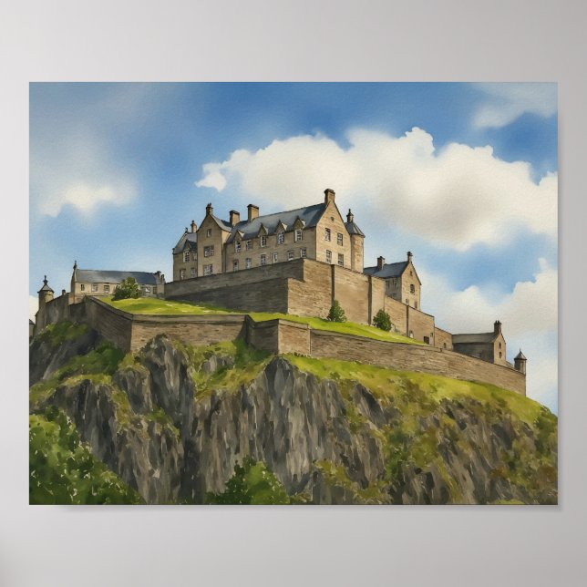 Edinburgh Castle Scotland Watercolor Art Impressão (Frente)