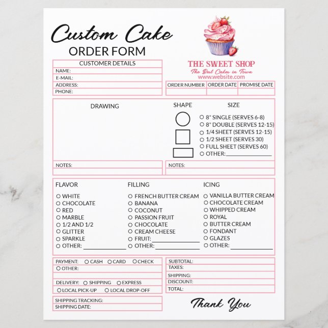 Editable Pink Cake Order Form Template for Bakers (Frente)