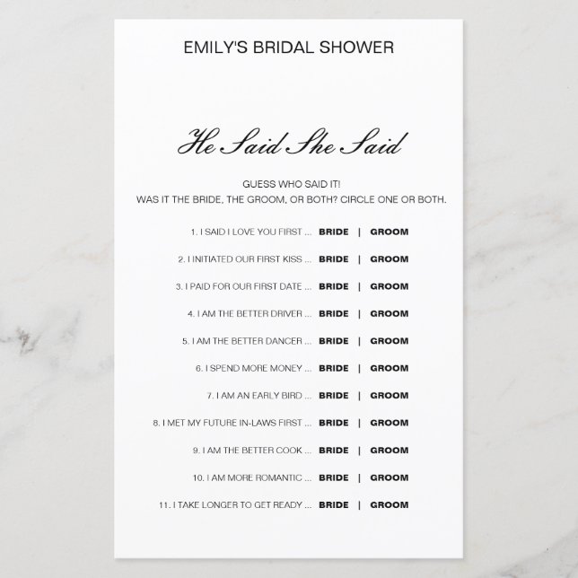 Editável Ele Disse Que Disse Jogo De Chá de casame (Frente)