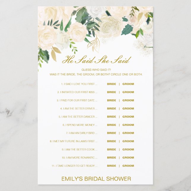 Editável Ele Disse Que Disse Jogo De Chá de casame (Frente)