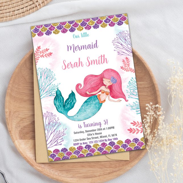 Editável sob o cartão de festas marítimas com tema (Green Mermaid Birthday Invitation)