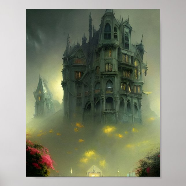 Eerie Gothic Mansion Digital Art Poster (Frente)