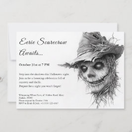 Eerie Scarecrow Halloween Convite Preto e Branco