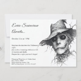 Eerie Scarecrow Halloween Convite Preto e Branco