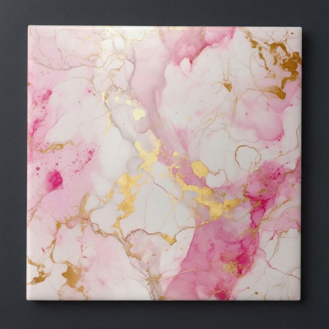 Efeito cor-de-rosa e dourado do estilo luxuoso (Luxury style pink and gold marble effect ceramic tile.)