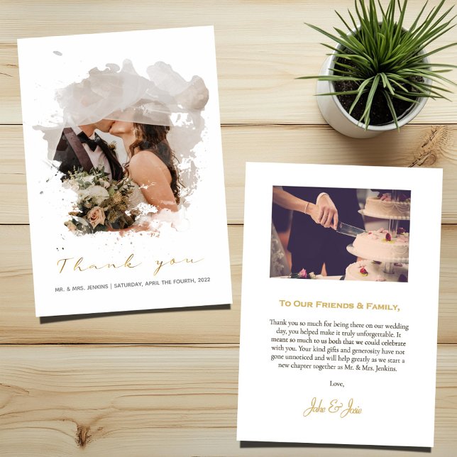 Efeito de foto: cartões de agradecimentos de casam (Watercolor paint photo effect, gold "Thank you" wedding card with 2 photos and message)