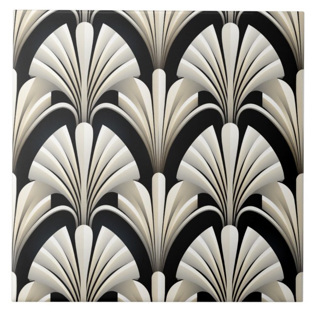 Efeito de Leque Art Déco de Marfim em Preto (The complete printed Art Deco tile design. Tiles sold individually.)