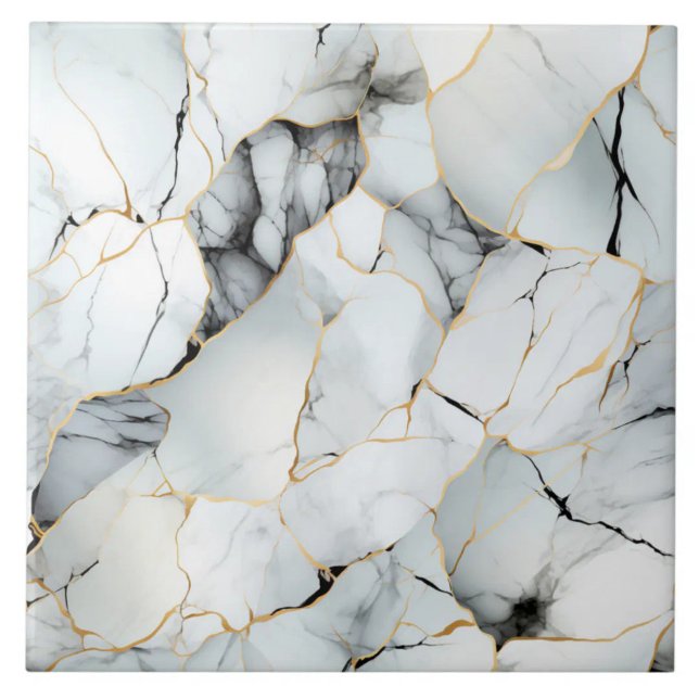 Efeito de Mármore Branco com Veias Douradas e Pret (The complete printed tile design. Tiles sold individually.)