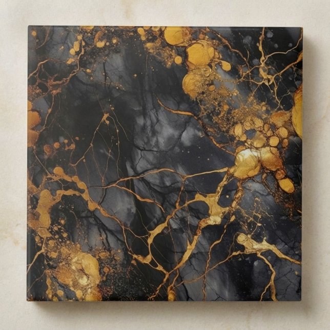 Efeito de mármore preto e dourado do estilo luxuos (Luxury style black and gold marble effect ceramic tile.)