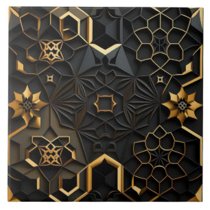 Efeito de Mosaico Floral Geométrico Preto e Dourad