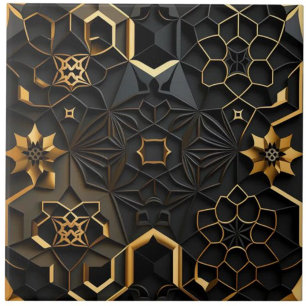 Efeito de Mosaico Floral Geométrico Preto e Dourad
