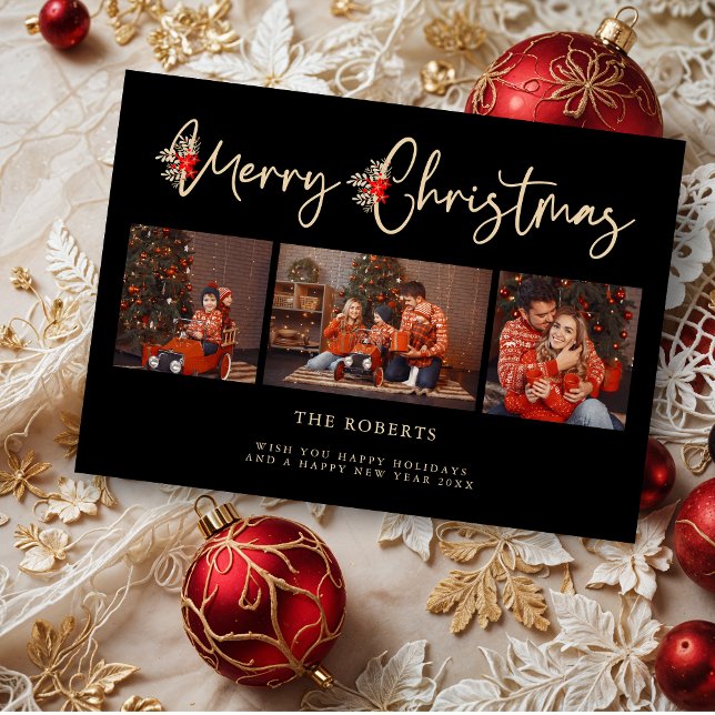 Efeito do Ouro Negro Feliz Poinsettias de Natal (Black Golden Effect Merry Christmas Poinsettias Branches 3 Photos Collage Holidays Cards.)
