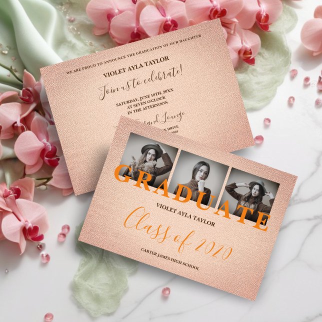 Efeito do Tecido Rústico Coral 3 Formando Multifot (Rustic Coral Fabric Effect 3 Multi Photos Graduation Invitation Card. )
