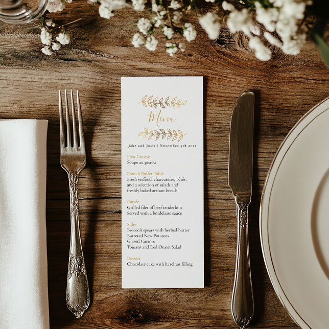 efeito ouro bonito deixa menu mesa de casamento (Wedding reception dinner menu with black and gold text and delicate gold leaves framing the top.)