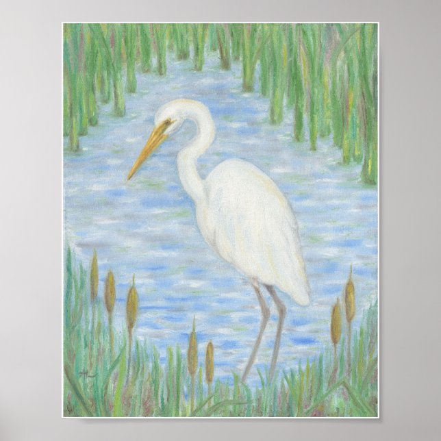 Egrete Branco na impressão de arte de Cattail Mars (Frente)
