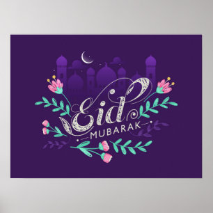 Eid mubarak com flores mesquitas e Poster lua
