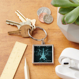 Eiffel Tower Teal Floral Swirls Square Chaveiro