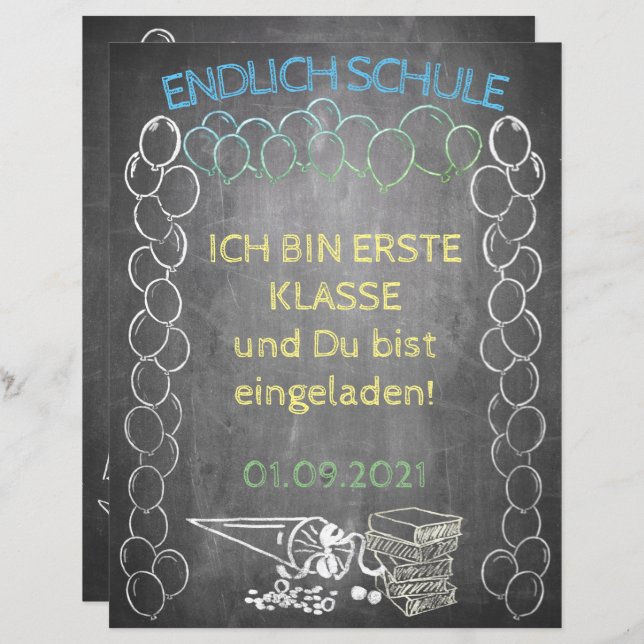 Einladungskarte zur Einschulung im Tafelstil (Frente/Verso)