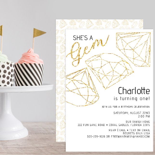 Ela é uma Gem Glitter Dourada Primeiro Convite de  (gold glitter she's a gem birthday party modern invitation)
