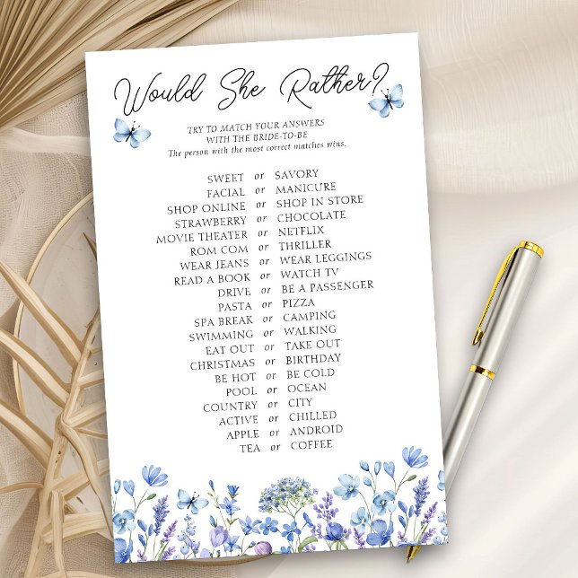 Ela Preferencialmente O Jogo De Chá De Flor Selvag (Would She Rather? game cards from my Blue Wildflower Bridal Shower Collection
)