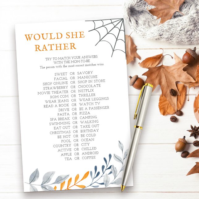 Ela Preferencialmente O Jogo Do Chá De Queda De Ha (Would She Rather halloween themed baby shower game with fall leaves and cobweb)