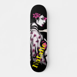 Ela veste uma flor preta e rosa no seu skate de ca