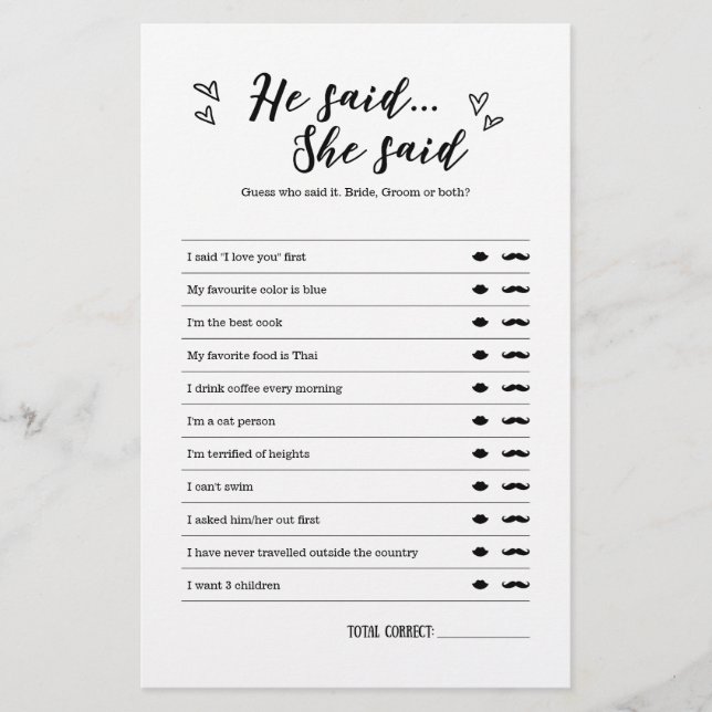 Ele disse que ela disse jogo para casamento ou Chá (Frente)