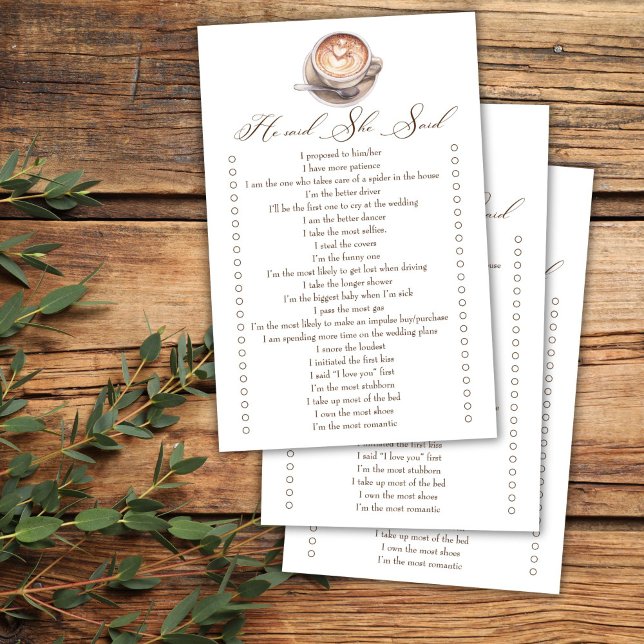 Ele disse que ela disse que o jogo do chá de panel (He said she said love is brewing coffee cappuccino fall bridal shower games)