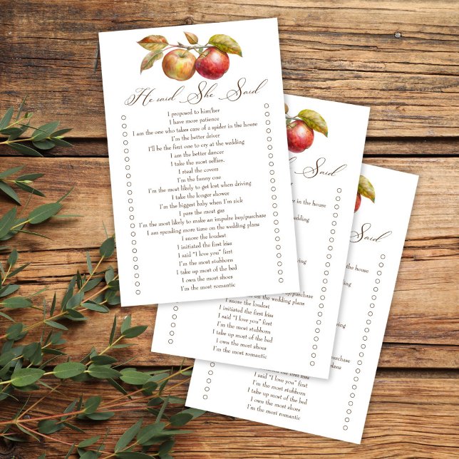 Ele disse que ela disse que o jogo do chá de panel (He said she said apple fall bridal shower game cards appley ever after bridal shower games)